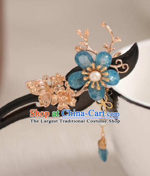 Chinese Cheongsam Blue Plum Ebony Hair Clip Traditional Hanfu Hair Accessories Handmade Golden Butterfly Hairpins for Women