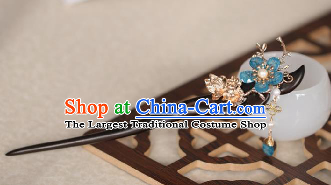 Chinese Cheongsam Blue Plum Ebony Hair Clip Traditional Hanfu Hair Accessories Handmade Golden Butterfly Hairpins for Women
