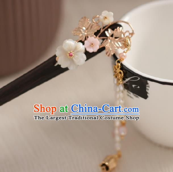 Chinese Cheongsam Pearls Tassel Ebony Hair Clip Traditional Hanfu Hair Accessories Handmade Shell Plum Hairpins for Women