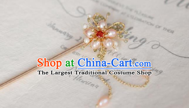 Chinese Cheongsam Pink Pearls Hair Clip Traditional Hanfu Hair Accessories Handmade Golden Hairpins for Women