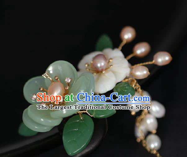 Chinese Cheongsam Pearls Tassel Hair Clip Traditional Hanfu Hair Accessories Handmade Ebony Green Peach Blossom Hairpins for Women