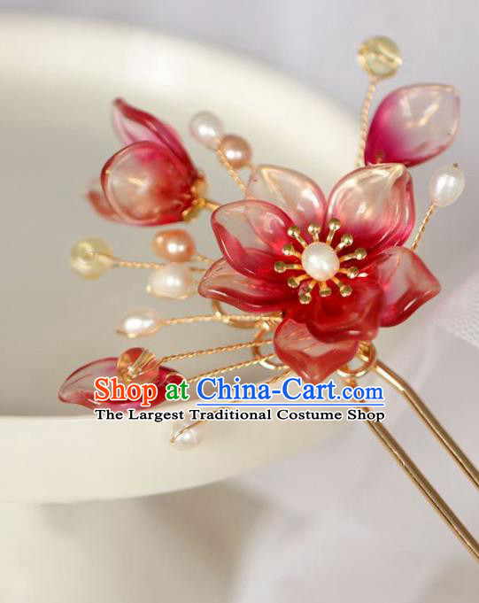 Chinese Cheongsam Red Flowers Hair Clip Traditional Hanfu Hair Accessories Handmade Peach Blossom Hairpins for Women