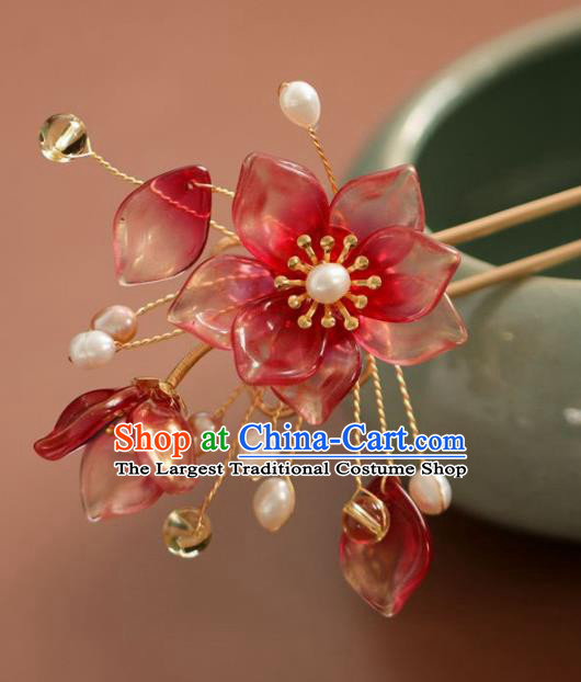 Chinese Cheongsam Red Flowers Hair Clip Traditional Hanfu Hair Accessories Handmade Peach Blossom Hairpins for Women