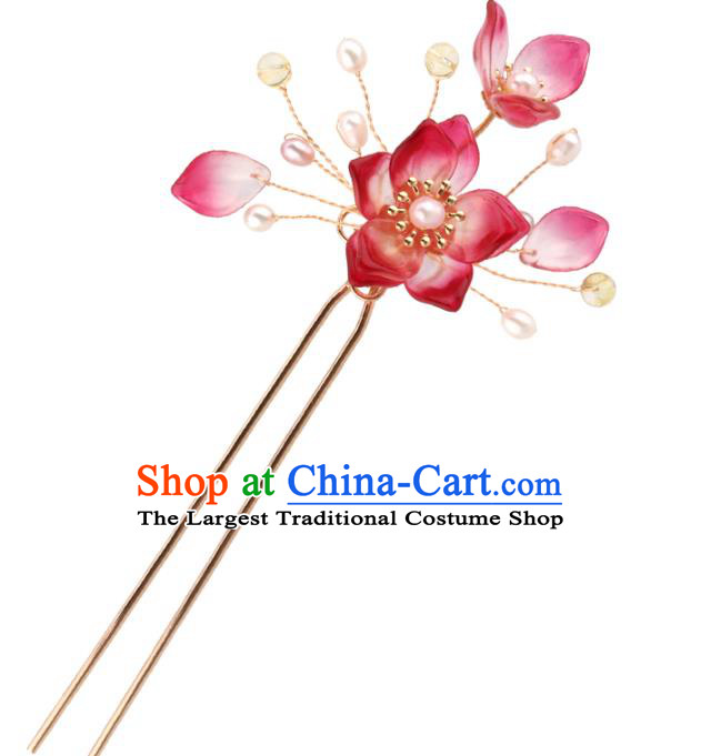Chinese Cheongsam Red Flowers Hair Clip Traditional Hanfu Hair Accessories Handmade Peach Blossom Hairpins for Women