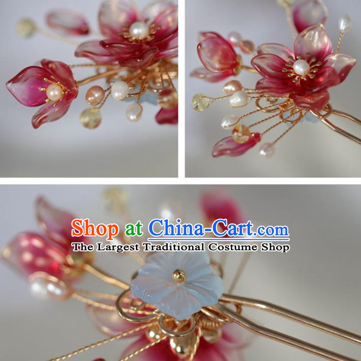 Chinese Cheongsam Red Flowers Hair Clip Traditional Hanfu Hair Accessories Handmade Peach Blossom Hairpins for Women