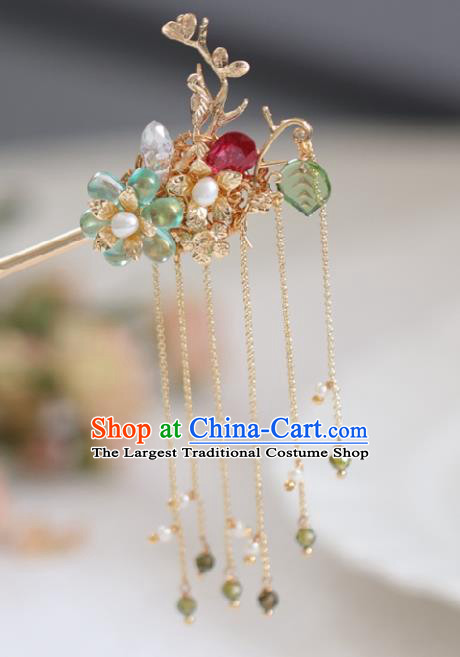 Chinese Cheongsam Green Glass Plum Hair Clip Traditional Hanfu Hair Accessories Handmade Golden Tassel Hairpins for Women
