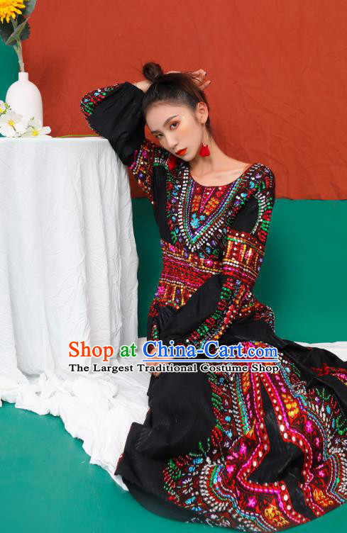 Thailand Traditional Embroidery Beads Black Dress Photography Morocco National Informal Costumes for Women