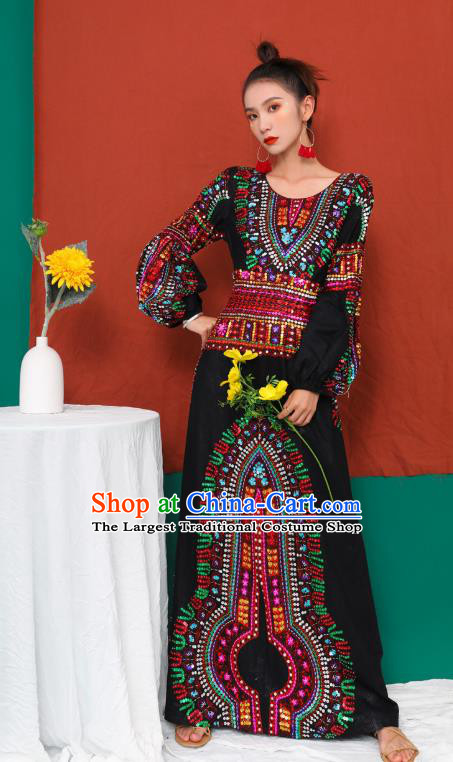 Thailand Traditional Embroidery Beads Black Dress Photography Morocco National Informal Costumes for Women