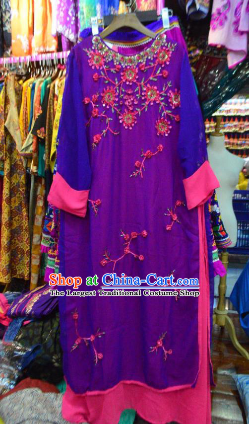 Thailand Traditional Handmade Embroidery Purple Dress Photography Asian Indian National Informal Costumes for Women