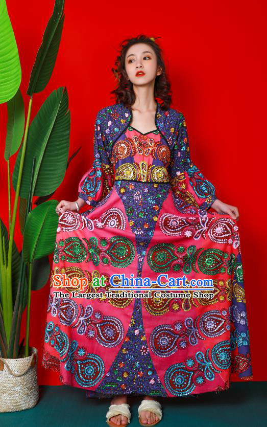 Thailand Traditional Handmade Beading Rosy Dress Photography Asian Indian National Informal Costumes for Women
