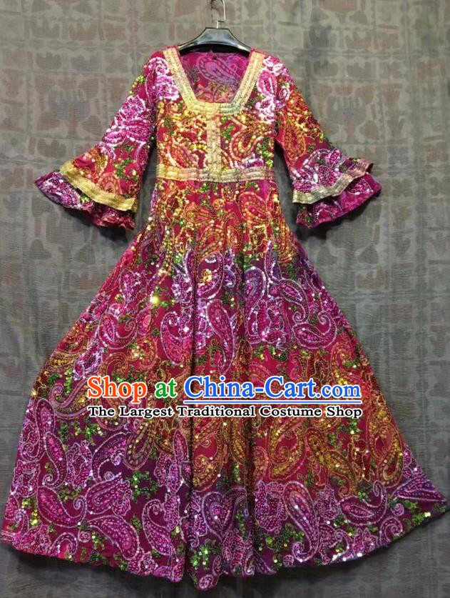 Thailand Traditional Embroidered Beads Amaranth Dress Photography Asian Thai National Beach Dress Sequins Costumes for Women