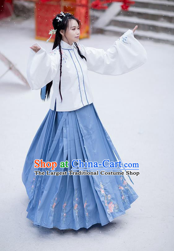 Traditional Chinese Ming Dynasty Costumes Hanfu Garment Ancient Noble Lady Embroidered White Blouse and Blue Skirt Full Set