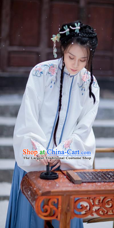 Traditional Chinese Ming Dynasty Costumes Hanfu Garment Ancient Noble Lady Embroidered White Blouse and Blue Skirt Full Set