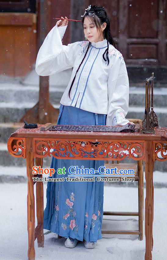 Traditional Chinese Ming Dynasty Costumes Hanfu Garment Ancient Noble Lady Embroidered White Blouse and Blue Skirt Full Set