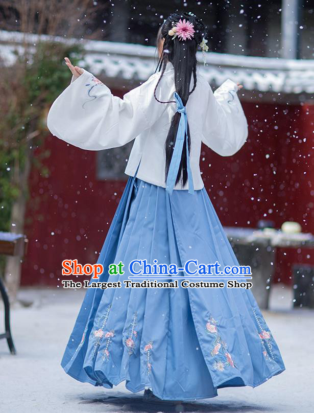 Traditional Chinese Ming Dynasty Costumes Hanfu Garment Ancient Noble Lady Embroidered White Blouse and Blue Skirt Full Set