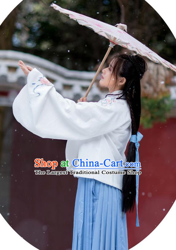 Traditional Chinese Ming Dynasty Costumes Hanfu Garment Ancient Noble Lady Embroidered White Blouse and Blue Skirt Full Set