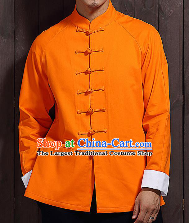 Chinese Traditional Orange Sun Yat Sen Jacket Tang Suit Overcoat Outer Garment Stand Collar Costumes for Men