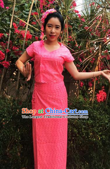 Chinese Dai Nationality Dance Costumes Traditional Dai Ethnic Watermelon Red Blouse and Straight Skirt Full Set for Women