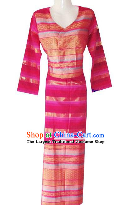 Chinese Dai Nationality Folk Dance Costumes Traditional Dai Ethnic Stage Show Rosy Blouse and Straight Skirt for Women