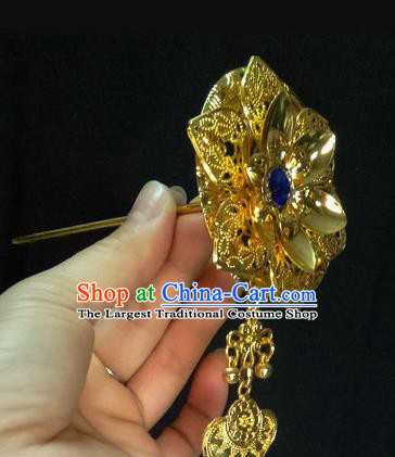 Chinese Dai Nationality Blue Crystal Hairpin Traditional Ethnic Hair Accessories Handmade Dance Golden Tassel Hair Clip for Women