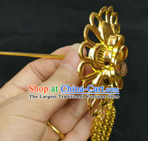 Chinese Dai Nationality Golden Flower Hairpin Traditional Ethnic Hair Accessories Handmade Tassel Hair Clip for Women