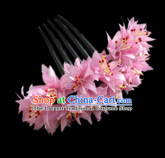 Chinese Dai Nationality Dance Pink Silk Flowers Hairpin Traditional Ethnic Hair Accessories Handmade Hair Comb for Women