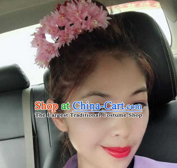 Chinese Dai Nationality Dance Pink Silk Flowers Hairpin Traditional Ethnic Hair Accessories Handmade Hair Comb for Women