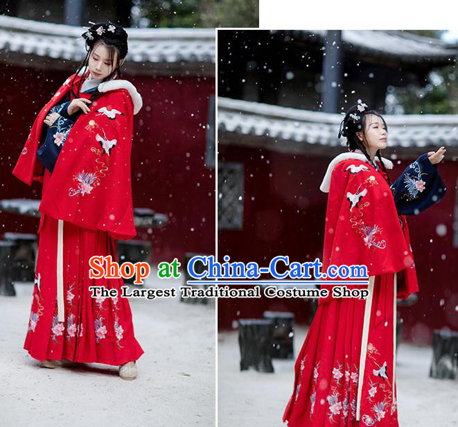 Chinese Ming Dynasty Woolen Costumes Traditional Winter Hanfu Garment Ancient Embroidered Crane Red Short Cloak for Women