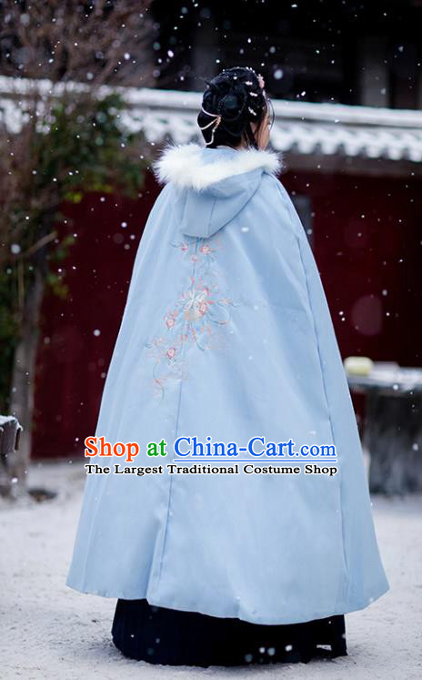 Chinese Ming Dynasty Embroidered Blue Woolen Cloak Costumes Traditional Ancient Hanfu Garment Winter Long Cape for Women
