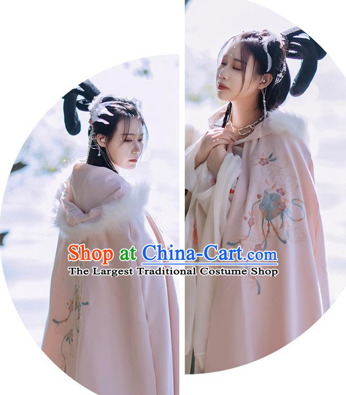 Chinese Ming Dynasty Embroidered Cloak Costumes Traditional Ancient Hanfu Garment Winter Pink Woolen Long Cape for Women