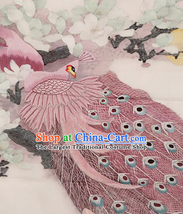 Chinese Traditional Embroidered Pink Peacock Decorative Painting Handmade Embroidery Craft Embroidering Yulan Magnolia Cloth Picture