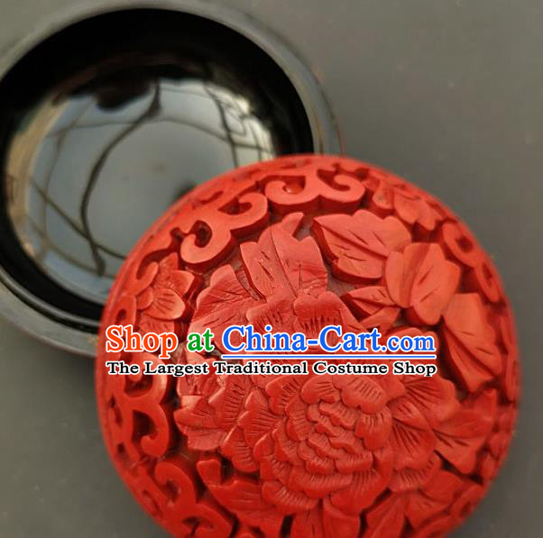 Chinese Traditional Carving Peony Flower Red Lacquer Rouge Box Handmade Lacquerware Craft Inkpad Box
