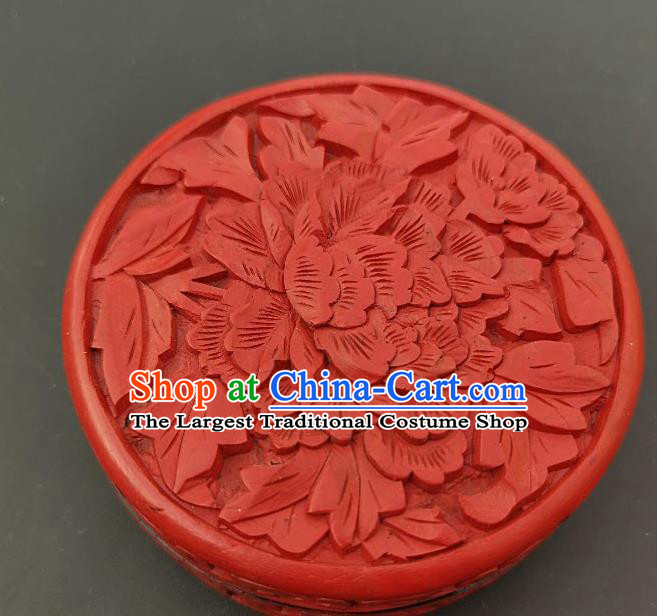 Chinese Handmade Carving Peony Lacquer Rouge Box Traditional Lacquerware Craft Red Inkpad Box
