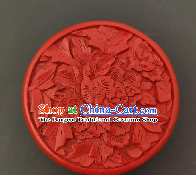 Chinese Handmade Carving Peony Lacquer Rouge Box Traditional Lacquerware Craft Red Inkpad Box