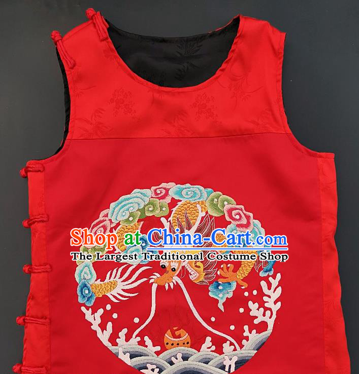 Chinese Traditional Embroidered Dragon Vest Handmade Embroidery Costume Tang Suit Red Silk Waistcoat for Men