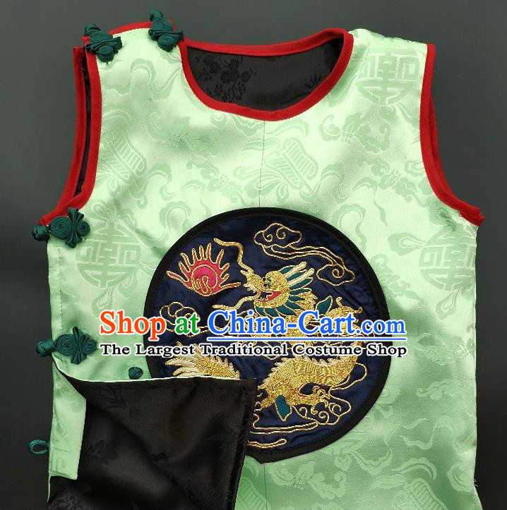 Chinese Traditional Embroidered Dragon Vest Handmade Embroidery Costume Tang Suit Green Silk Waistcoat for Kids