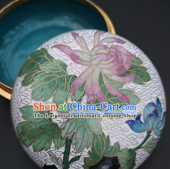 Chinese Traditional Cloisonne Chrysanthemum Pattern Rouge Box Handmade Brass Craft Enamel White Inkpad Box Accessories
