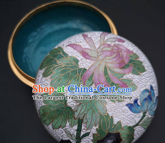 Chinese Traditional Cloisonne Chrysanthemum Pattern Rouge Box Handmade Brass Craft Enamel White Inkpad Box Accessories
