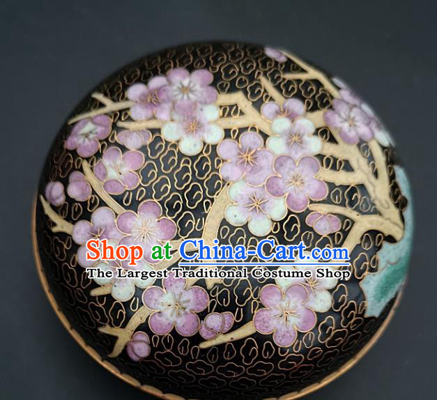 Chinese Traditional Cloisonne Plum Blossom Pattern Rouge Box Handmade Brass Craft Enamel Black Inkpad Box Accessories