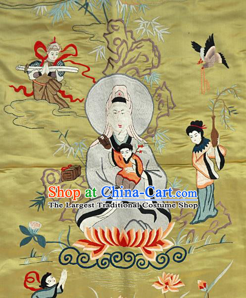 Chinese Traditional Embroidered Avaloktesvara Fabric Patches Handmade Embroidery Craft Embroidering Yellow Silk Decorative Painting
