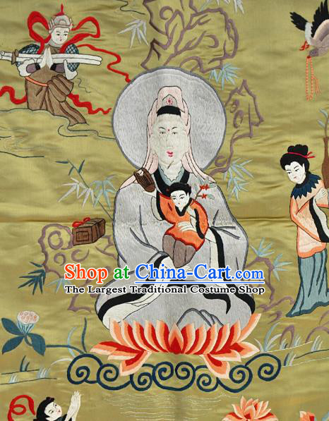 Chinese Traditional Embroidered Avaloktesvara Fabric Patches Handmade Embroidery Craft Embroidering Yellow Silk Decorative Painting