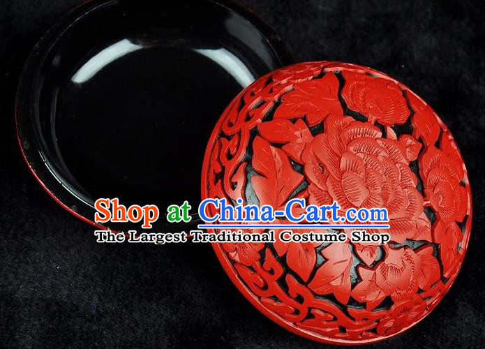Chinese Traditional Handmade Carving Peony Rouge Box Red Lacquerware Craft Inkpad Box