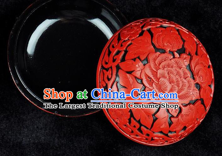 Chinese Traditional Handmade Carving Peony Rouge Box Red Lacquerware Craft Inkpad Box
