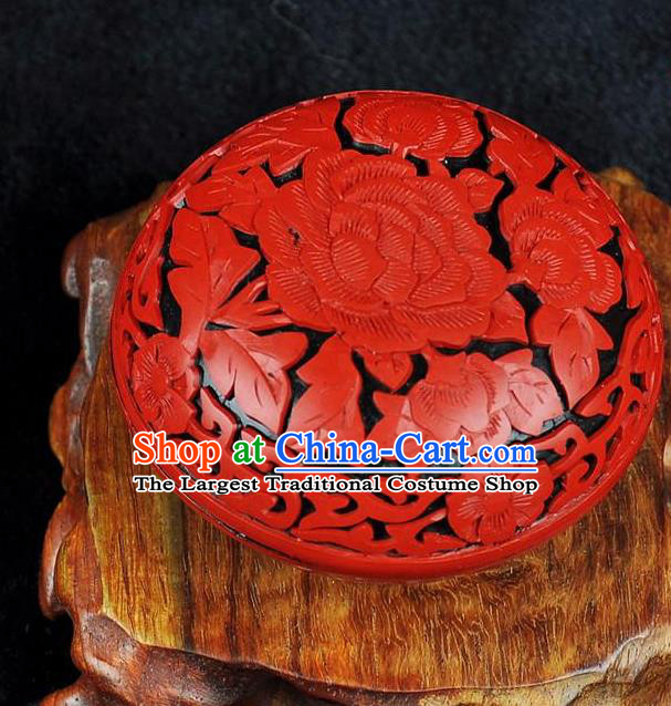 Chinese Traditional Handmade Carving Peony Rouge Box Red Lacquerware Craft Inkpad Box