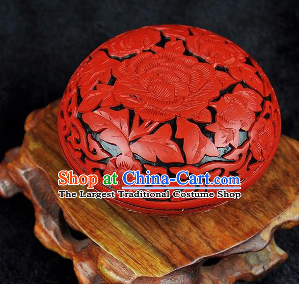 Chinese Traditional Handmade Carving Peony Rouge Box Red Lacquerware Craft Inkpad Box