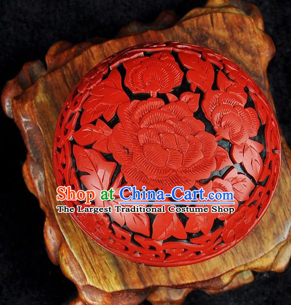 Chinese Traditional Handmade Carving Peony Rouge Box Red Lacquerware Craft Inkpad Box