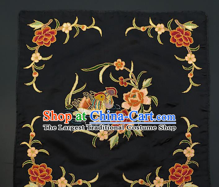 Chinese Traditional Embroidered Orange Peony Mandarin Duck Cushion Fabric Handmade Embroidery Craft Embroidering Black Silk Applique