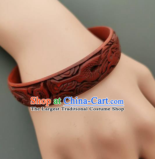 Chinese Handmade Carving Dragonfish Lacquer Bracelet Traditional Lacquerware Craft Red Bangle Accessories