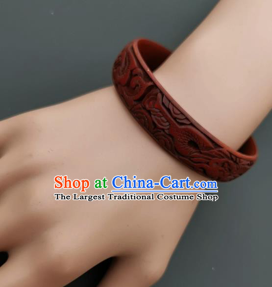 Chinese Handmade Carving Dragonfish Lacquer Bracelet Traditional Lacquerware Craft Red Bangle Accessories
