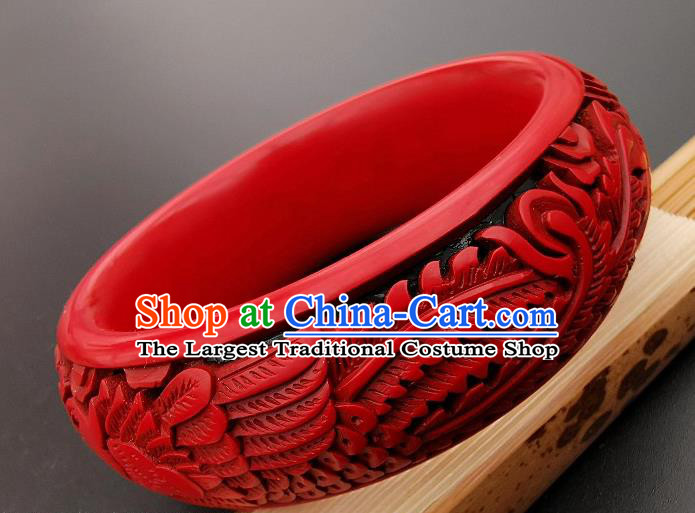 Chinese Handmade Carving Phoenix Lacquer Bracelet Traditional Lacquerware Craft Wedding Red Bangle Accessories